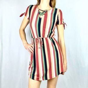 NO BOUNDARIES | 🌎👗Earth Tones Striped Lace Back Cap Sleeves Stretchy Dress